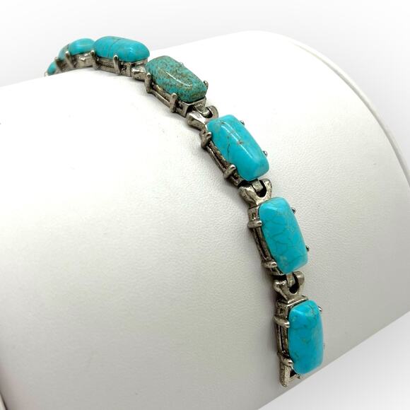 Burnished Silver Bracelet Turquoise Rectangular Semi Precious Stone Howlite - Picture 6 of 10